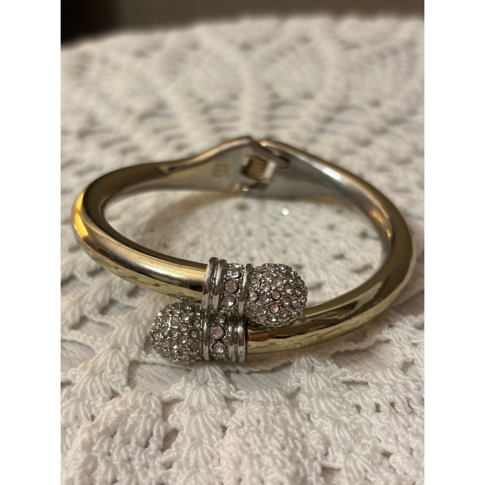 Banana Republic Gold Tone Bypass Hinged Bangle Bracelet Pave Crystal End Caps - Picture 4 of 13